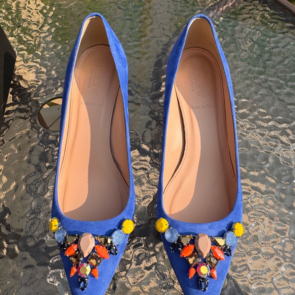 J. Crew Blue Heels with Colorful Embellishments
